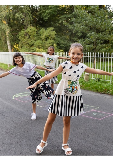 Sheshe Papağan Desenli Pamuklu Kız Çocuk Elbise Renkli