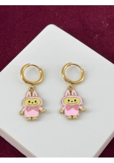 Pembe Renkli Labubu Gold Küpe Gold