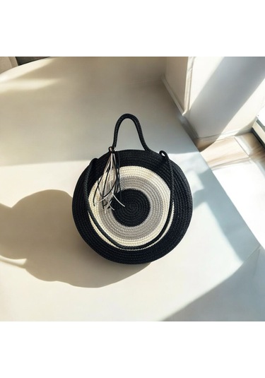 Hasır Çanta, Silindir Çanta, Tasarım Çanta, Silindir Siyah Nazar El Çantası Siyah - Gri - Bej