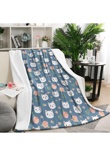 Cat Desenli 50x60 İnç Flanel Polar Battaniye, Yumuşak Ve Kalın, Tüm Mevsimler-a13 Cat Floral Blue