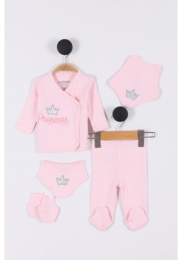 Prenses Desenli Müslin Kız Bebek Hastane Çıkışı Bebek Kıyafetleri Yenidoğan Hastane Çıkış Seti 5 Li Pembe