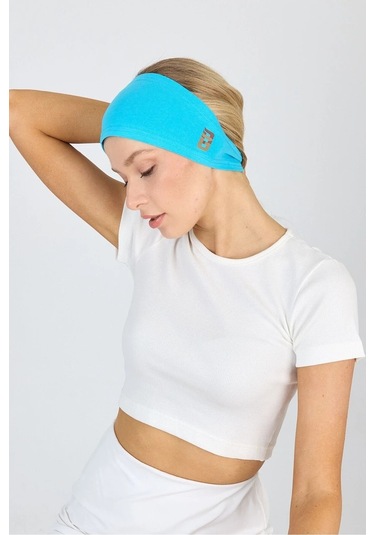 Beyaz Kısa Kol Bisiklet Yaka Vücuda Oturan Kaşkorse Crop + Bandana Set %100 Pamumklu, Esnek Rahat Aqua