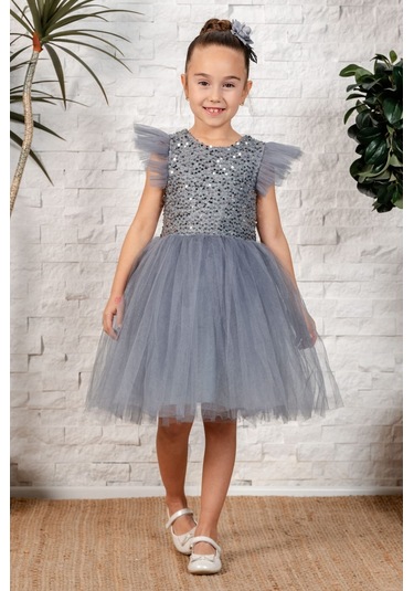 Tüllü Kız Çocuk Kpl Elbise Mnk0526 Gri