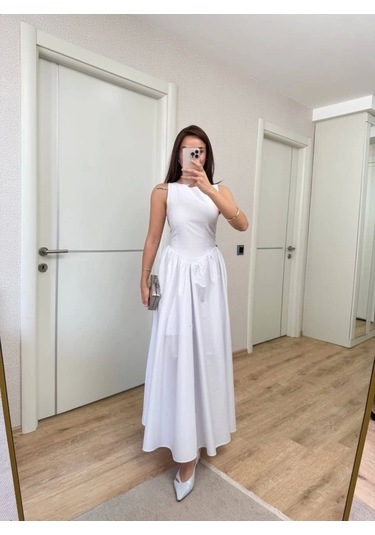 Sifir Kol Beli Oturtmalı Kolsuz Uzun Elbise - Beyaz Beyaz Sifir Kol Beli Oturtmalı Kolsuz Uzun Elbise - Beyaz Beyaz