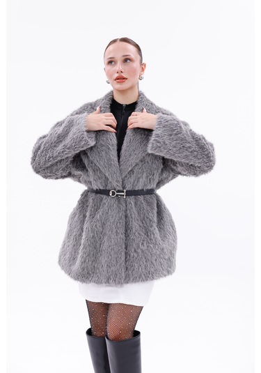 Kemer Detaylı-astarlı-düğmeli Kadın Kaban Gri