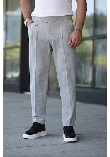 Kuşaklı Pileli Kemer Detaylı Old Money Kumaş Pantolon Gri