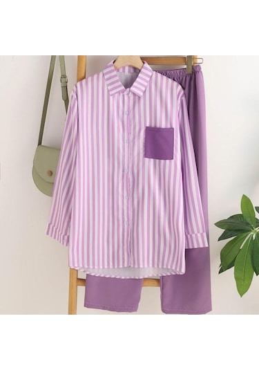 M-5xl Kadın Giyim İlkbahar Yaz Uzun Kollu Üst + Pantolon Yeni Çizgili Tek Sıra Yaka Gömlek + Geniş Paça Pantolon 2 Adet Mor M-5xl Kadın Giyim İlkbahar Yaz Uzun Kollu Üst + Pantolon Yeni Çizgili Tek Sıra Yaka Gömlek + Geniş Paça Pantolon 2 Adet Mor