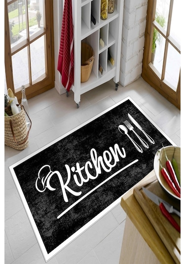 West Home Dijital Baskı Yıkanabilir Kaymaz Taban Mutfak Halısı Wh 448 Black