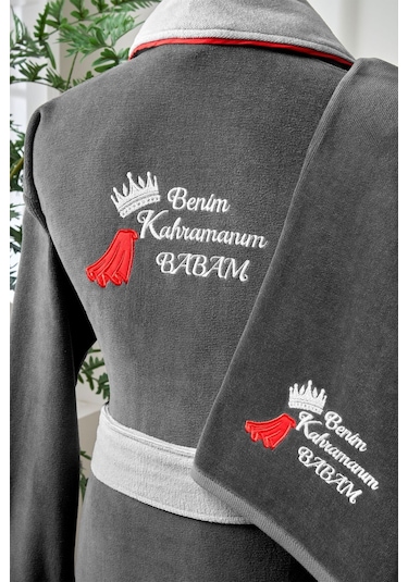 Özdilek Benim Kahramanım Babam Nakışlı Kadife Erkek Bornoz Seti L Beden Çok Renkli