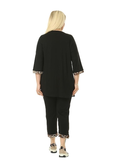 Melsay Butik Siyah Leopar Şeritli Büyük Beden Kadın Kapri Takımı Siyah