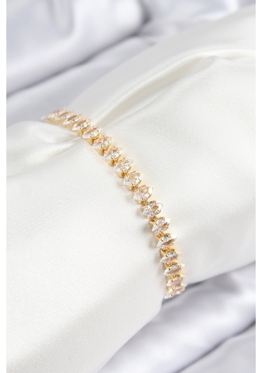 Pirinç Zirkon Taşlı Damla Model Gold Renk Asansörlü Kadın Bileklik - Tj-bb7741 Diğer