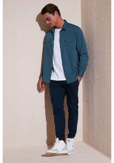 Buratti Pamuklu Regular Fit Çift Cepli Erkek Gömlek Cf24W116927 Petrol