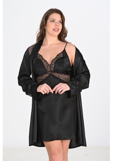 Büyük Beden 2li Siyah Sabahlık Takımı Bigsize Siyah