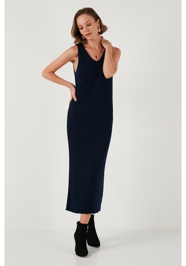 Lela V Yaka Fitilli Uzun Triko Bayan Elbise 4616169 Lacivert