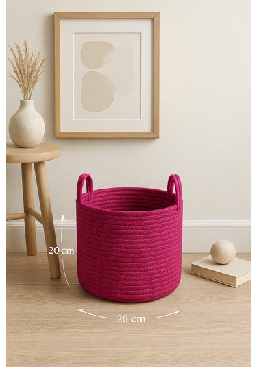 Doğal El Dokuma Hasır Jüt Sepet 20x26 Cm Dekoratif, Çok Amaçlı, Şık Ve Dayanıklı Saklama Sepeti Fuşya