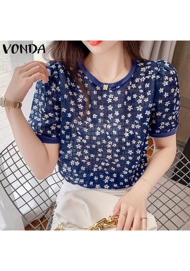 Koyu Mavi Vonda Kadın Yaz Yuvarlak Yaka Puf Kısa Kollu Pileli Çiçekli Bol Bluz Koyu Mavi Vonda Kadın Yaz Yuvarlak Yaka Puf Kısa Kollu Pileli Çiçekli Bol Bluz