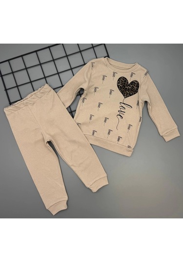 Kız Çocuk Leopar Desenli Kalp Baskılı Alt Üst İkili Gündelik Takım 1-4 Yaş Kahvrengi