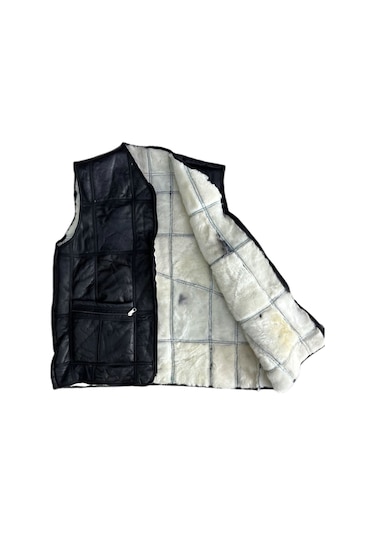 Patchwork Içi Kürk-Dışı Süet Hakiki Deri Biye Siyah-Beyaz Yelek