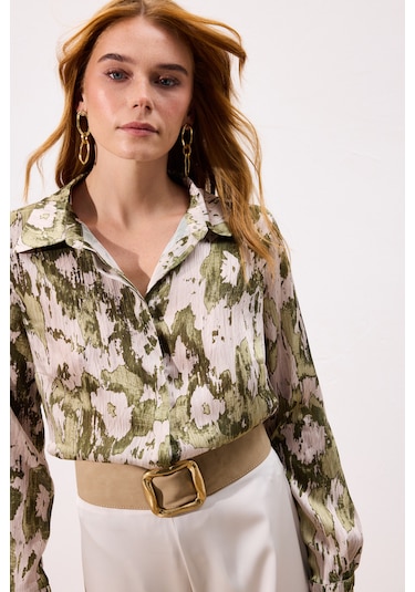 Sateen Desenli Düz Kesim Gömlek - Haki-136803 haki