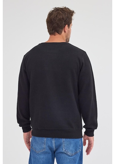 Comeor Erkek Siyah Standart Fit Normal Kesim Pamuklu Basic Bisiklet Yaka Sweatshirt Siyah