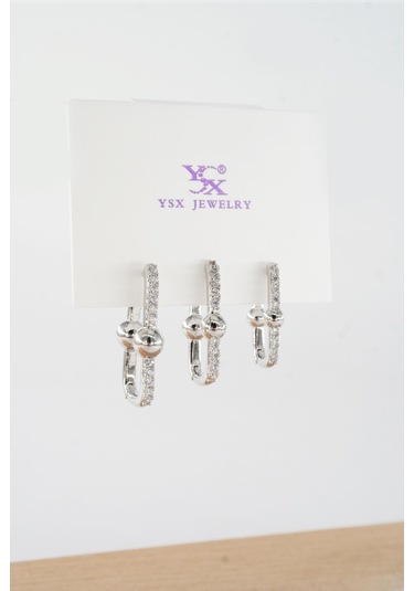 By Zeyna Aksesuar Kadın Vip Seri Antialerjik Baget Zirkon Taşlı 3'lü Küpe-5188 Gümüş