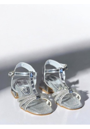 Kız Çocuk Deri Ortopedik Taşlı Topuklu Ayakkabı-15742 Gümüş