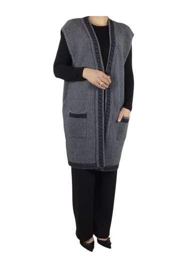 Kadın Önü Üç Düğmeli Desenli Cepli Kalın Büyük Beden Yelek Gri
