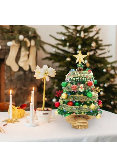 1.5ft Masa Üstü Yıldızlı Noel Ağacı Kırmızı Yeşil Toplar Yeşil