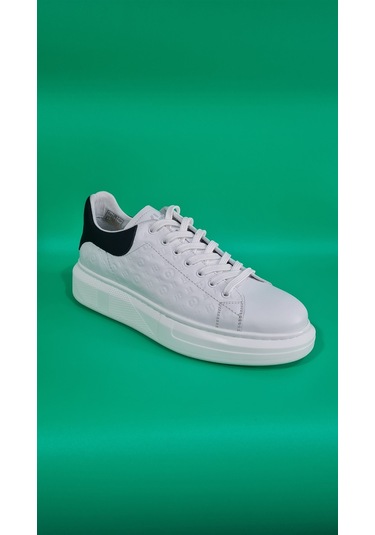 Marcomen Bağcıklı Lv Model Baskılı Kalın Düz Taban Sneaker Ayakkabı 21006 Beyaz Siyah