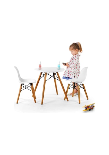 Seduna Eames Child 2X1 Sandalye Masa Takım | Natural Ahşap Ayaklı-Beyaz