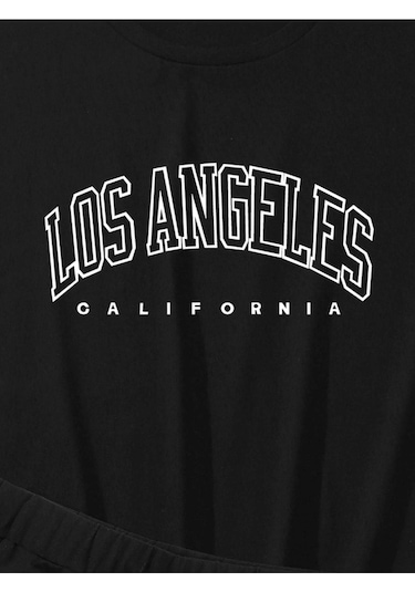 Los Angeles T-shirt Şort - Siyah 2'li Kombin Şort Tişört Takım Baskılı Oversize Bisiklet Yaka Siyah Los Angeles T-shirt Şort - Siyah 2'li Kombin Şort Tişört Takım Baskılı Oversize Bisiklet Yaka Siyah