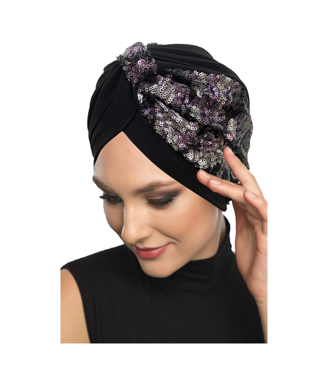 Özel Tasarım Siyah Üzeri Gümüş-mor Payetli Etnik Desenli Astarlı Hazır Türban Tesettür Abiye Bone Siyah12