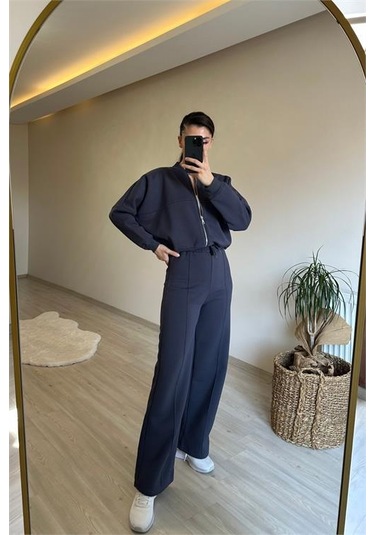Neşeli Butik Kadın Fermuarlı Oversize Sweat Ve Yüksek Bel Eşofman Takımı Nm018 Antrasit
