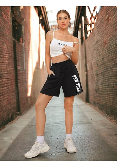 Benroma New York Baskılı Unisex Şort Siyah