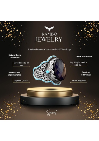 El Yapımı 925 Ayar Gümüş Erkek Yüzük Doğal Taş - Orta Doğu Kültürel Tasarımı Oniks Gümüş