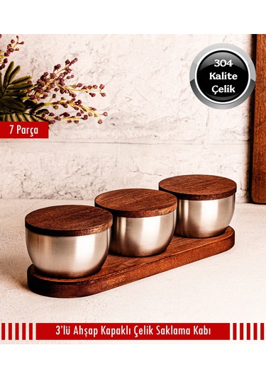 Steel&More Bambu Kapak Çelik Çerezlik 7 Parça Sızdırmaz Saklama Kabı 9cm Gri