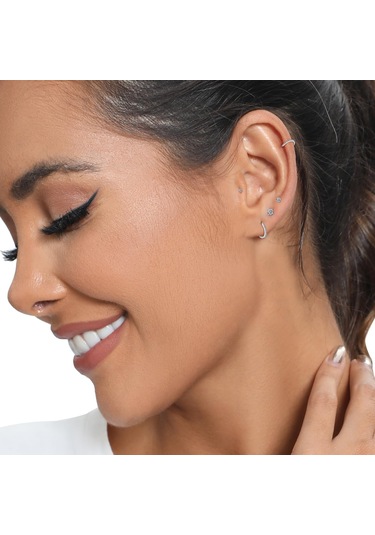 Yaleker 925 Gümüş Ve Tıbbi Çelikten Yapılmış Alerjiye Duyarsız Küçük Zirkonlu Küpe Seti - Çoklu Piercing İçin Uygun Günlük Kullanim Helix Tragus Konk Mühürleri Gümüş