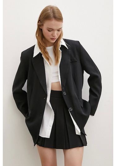 Never More Cep Kapaklı Kesik Detaylı Blazer Ceket Siyah Siyah