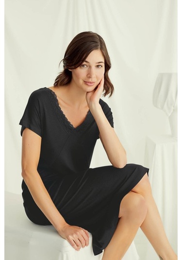 Monamise 18497 Kadın V Yaka Kısa Kollu Gecelik-siyah Siyah