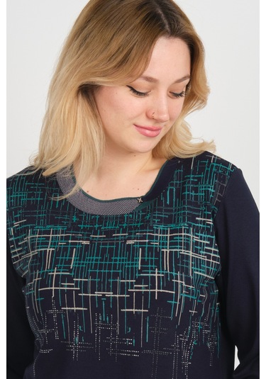 Detay Triko Kadın Taş Detaylı Desenli Yanları Yırtmaçlı Uzun Kol Anne Bluz 5741 Lacivert Lacivert