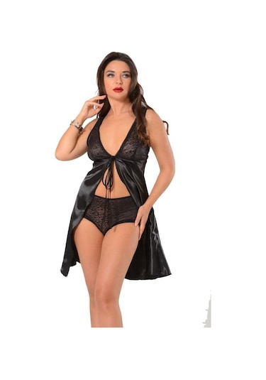 Sistina Bayan Siyah Saten Gecelik Külot Takımı M-341 Siyah