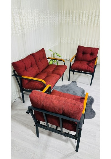 Madame Home Kalanşo Balkon, Bahçe,teras,cafe - Salon - Metal Kanepe Koltuk Takımı Çay Seti 2+1+1 Bordo