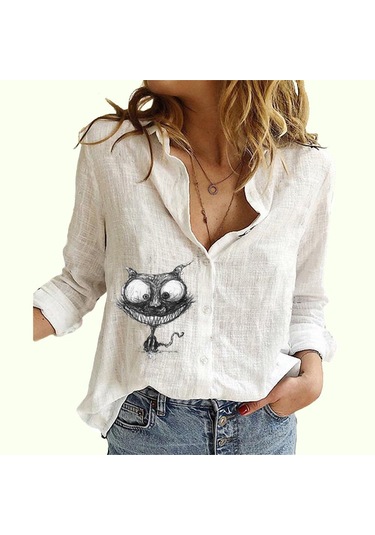 Kadın Moda Düğmeli Uzun Kollu Gömlek Bayan Günlük İnce Pamuk Keten Üst Kedi Baskılı Uzun Kollu Bluz Beyaz