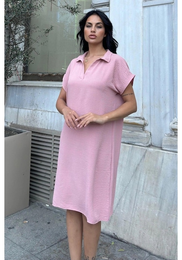 Pudra Airobin Dokulu Rahat Midi Elbise Pudra