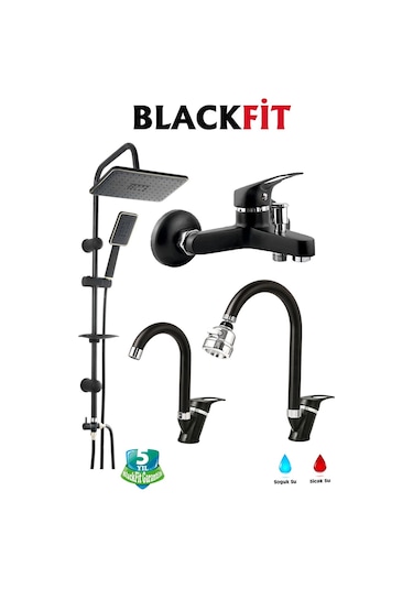 Siyah Tepe Duş Seti Yağmurlama Duş Robotu Çift Su Girişli Banyo Lavabo Bataryası Mutfak Çeşmesi Siyah