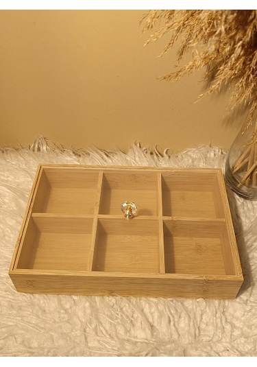 Ahşap Bambu 6 Bölmeli Kapaklı Poşet Sallama Bitki Çayı Saklama Kutusu Kabı Bambu