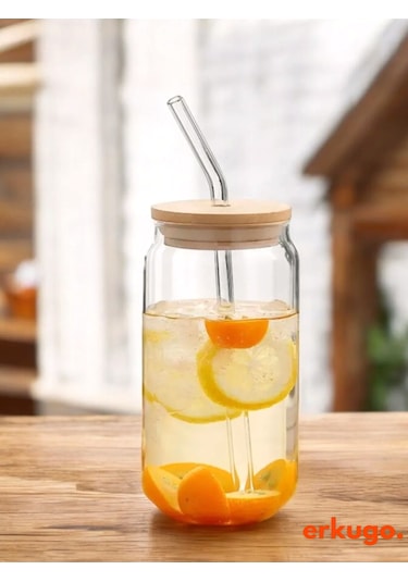 Bambu Kapaklı Pipetli Borosilikat Sunum Bardağı, Kahve Bardağı, Isı Dayanıklı Bardak 600 Ml Coollime