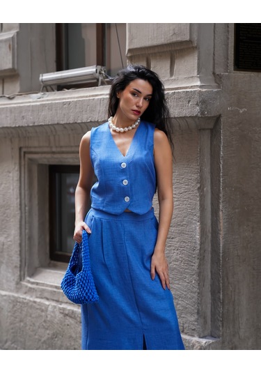 Kadın Yelekli Maxi Etekli Takım Mavi