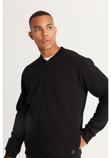 AC&Co / Altınyıldız Classics Erkek Sıyah Standart Fit Normal Kesim İçi Polarlı Kolej Yaka Pamuklu Sweatshirt Siyah
