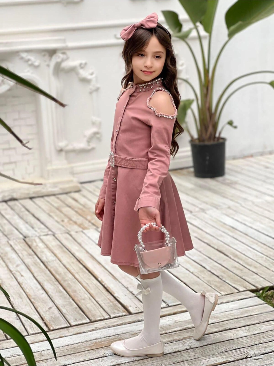 Çocuk Omuz Taşlı Püsküllü Kız Çocuk 5 Parça Kot Elbise Pudra